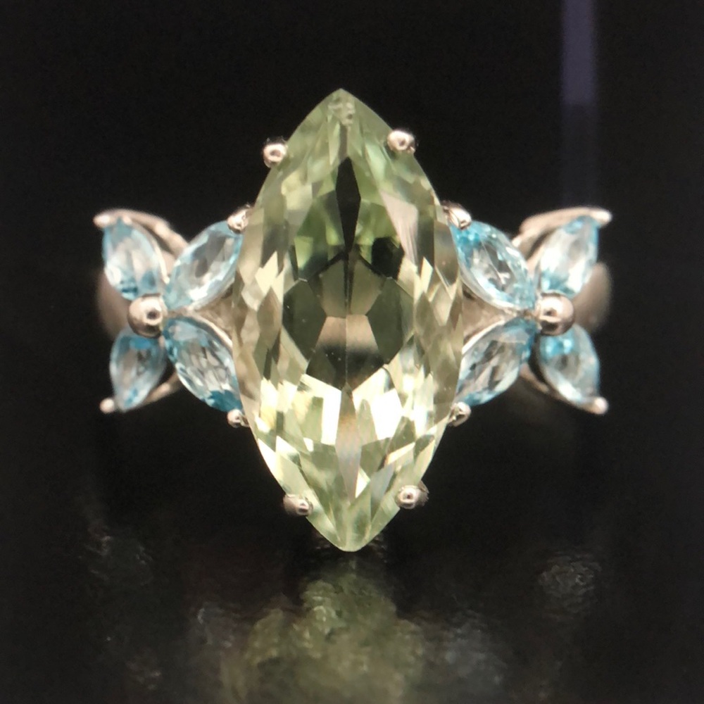 Sky Blue Topaz & Prasiolite Cocktail Ring in Sterling Silver Mount Size 7